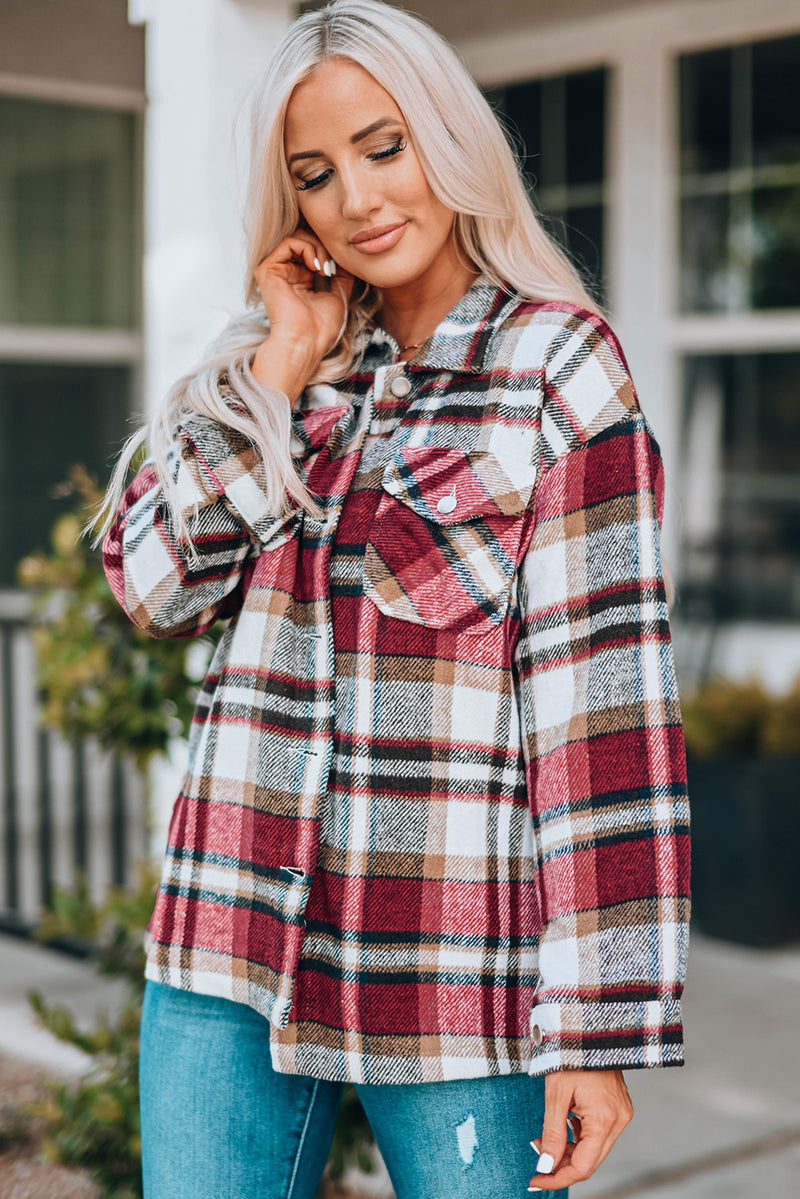 Blue Geometric Plaid Print Pocketed Shacket