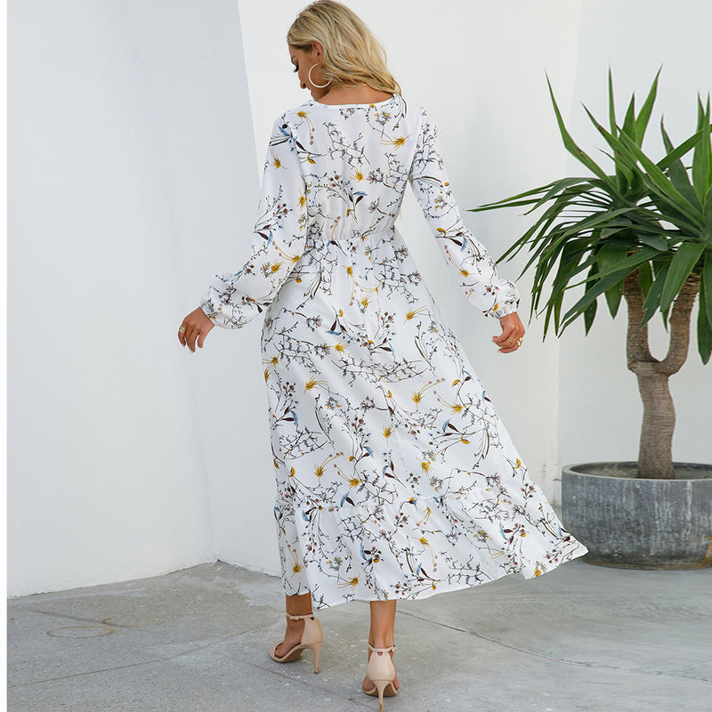 Women Maxi Dresses Sping Autumn Bohemian Casual Full Sleeve High Waist Beach Woman Chiffon Dresses Floral Vestidoes Long Dress