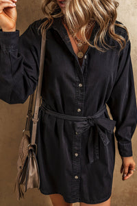 Black Button-Up Belted Denim Shirt Dress