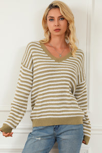 Khaki Chic Striped Knit V Neck Drop Shoulder Sweater