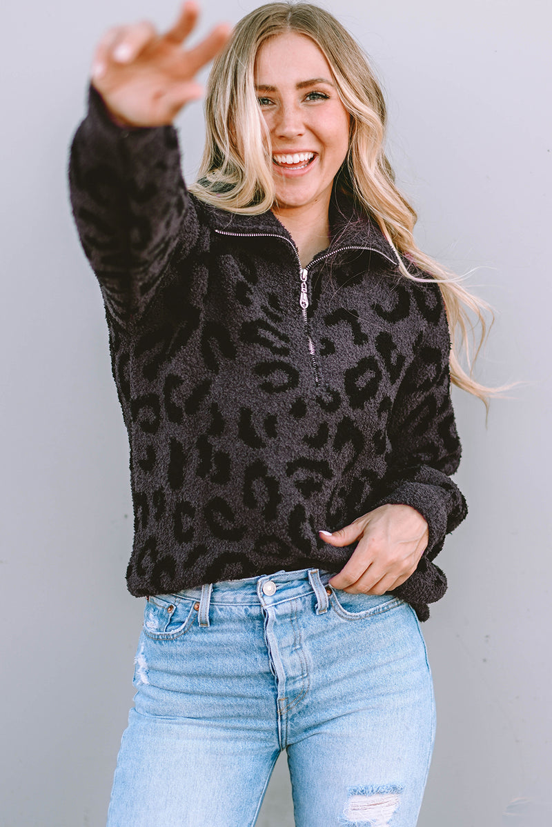 Gray Animal Print Zipped Collared Sweater