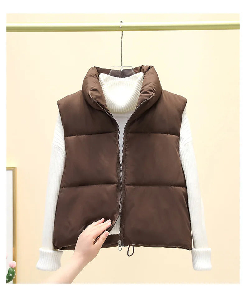 Women Autumn Winter Short Down Vest Stand Collar Warm Casual Elegant Sleeveless Coats Outdoor Quilted Travel Jackets Clothes