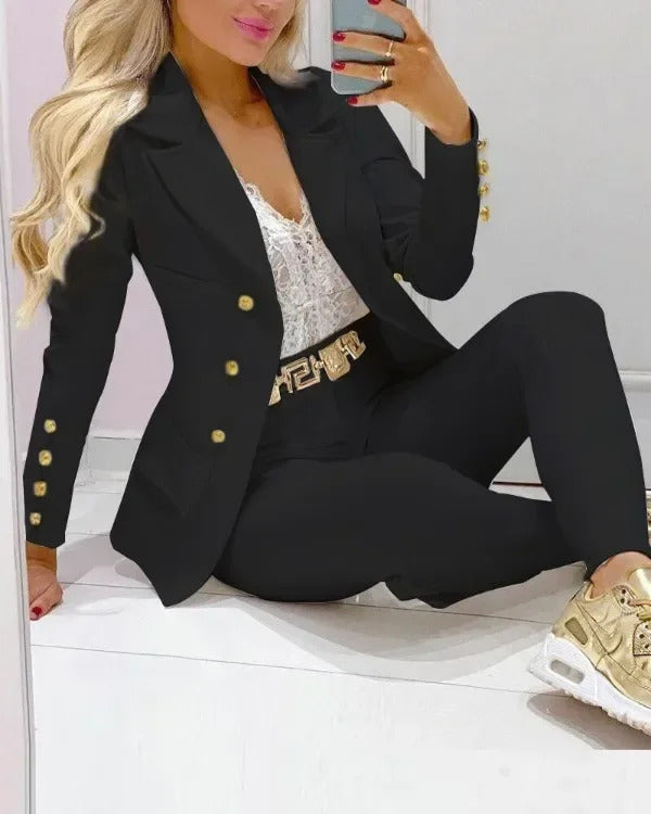 New 2025 Formal Office Pant Sets Women 2PCS Double Breasted Solid Blazers Jacket and Pants Two Pieces Set Female Pant Suits Sets