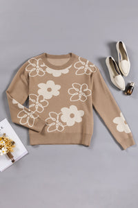 Camel Floral Drop Shoulder Ribbed Trim Sweater