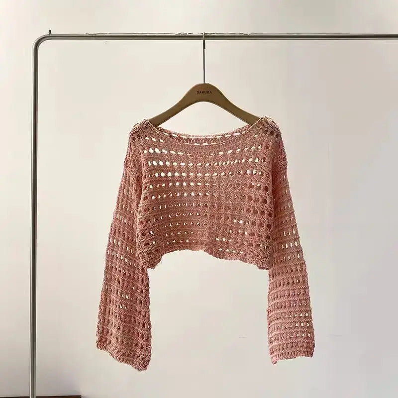 Long Sleeve Crochet Knit Top Summer Beach Bikini Cover Up Crop Pullover Wool Knitwear Blouse Women Vacation Boho Outfit