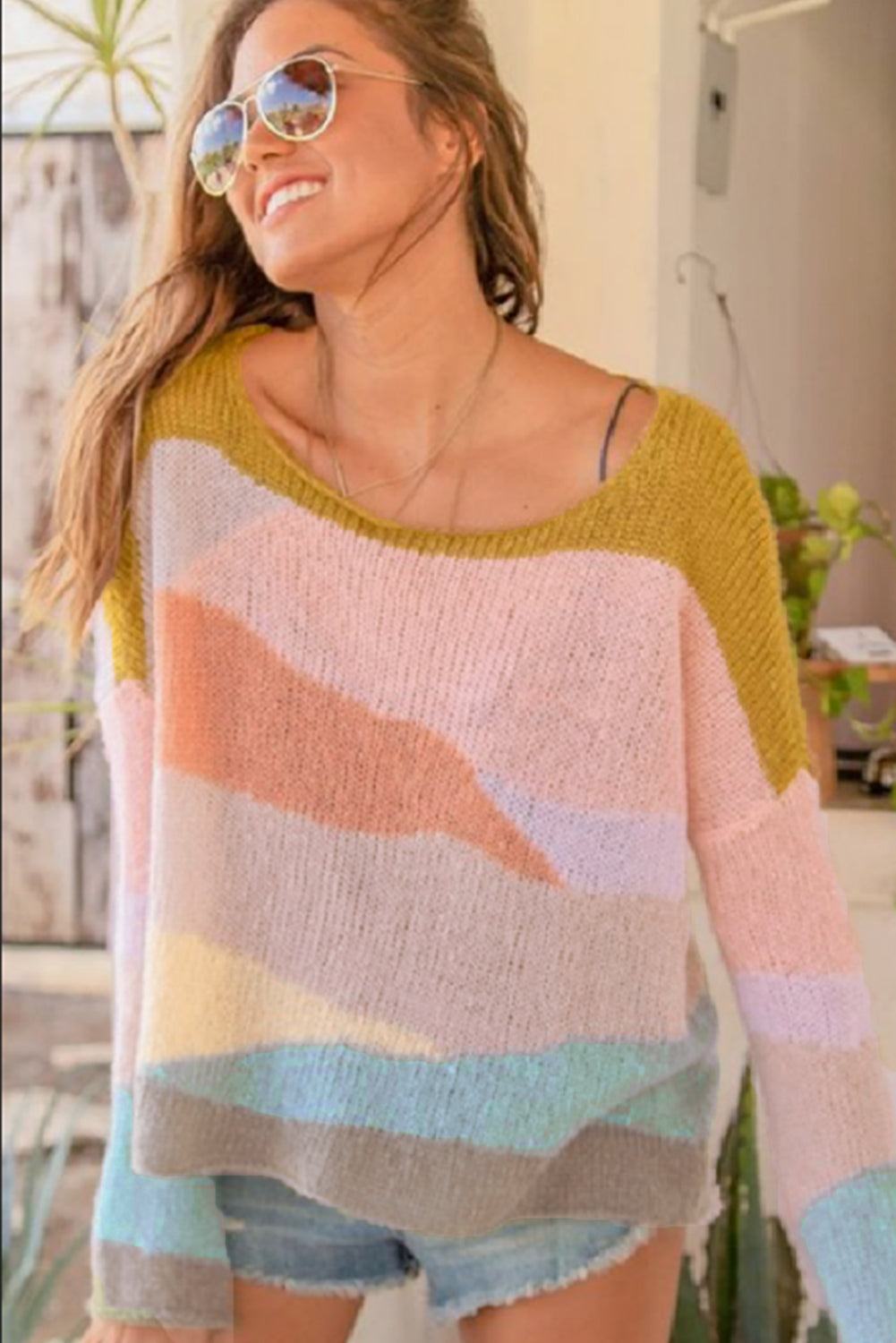 Multicolor Contrast Blocks Drop Shoulder Sweater