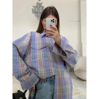 Clacive Fashion Baggy Plaid Women'S Blouse Elegant Lapel Long Sleeve Shirts And Blouses Vintage Pocket Lace-Up Top Female