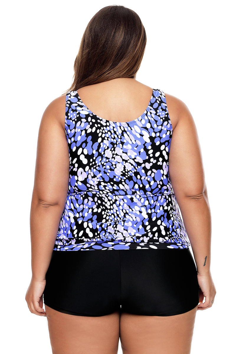 Bluish Dewdrop Print Blouson Tankini Swimsuit