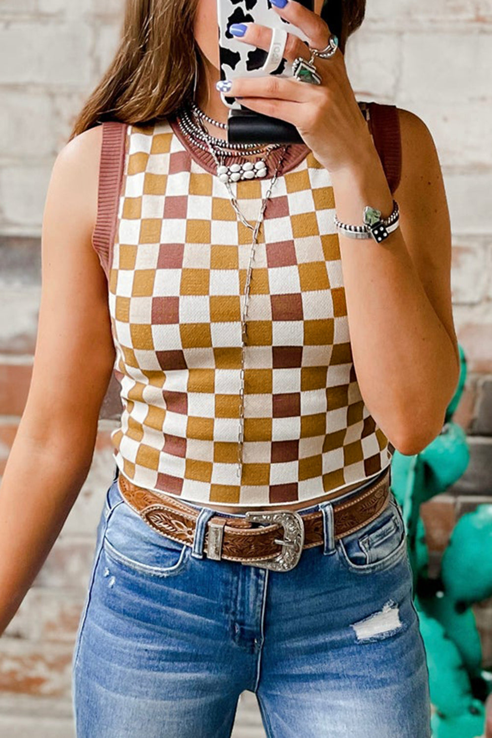 Brown Checkered Ribbed Trim Knit Sweater Vest