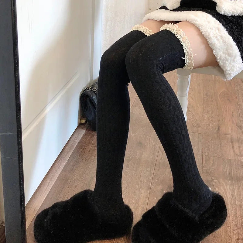 Socks Woman Autumn/Winter Solid Color Thigh High Lace Cute Lolita Thick Warm Stockings Black White Long Leg Socks for Women