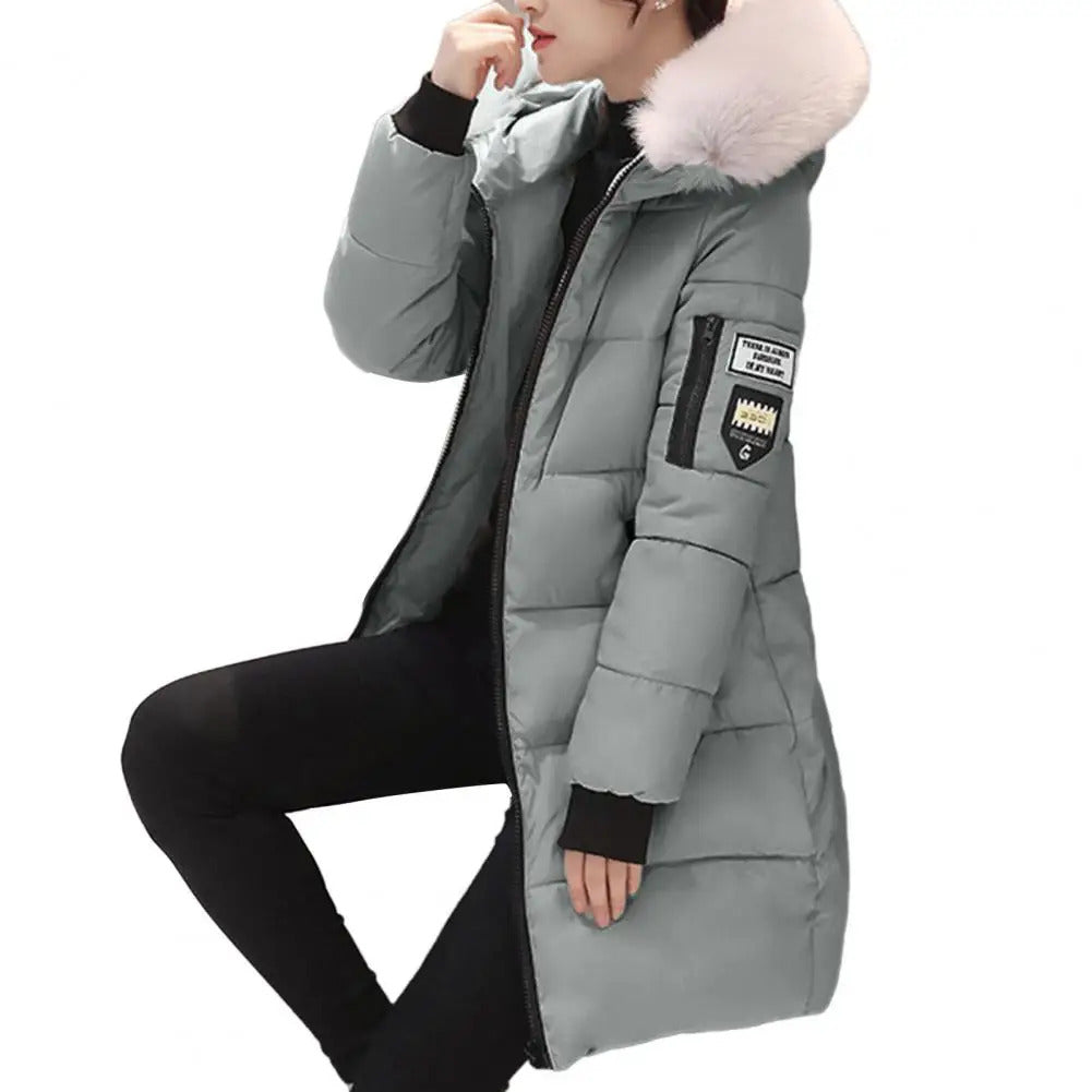 Fashion Women Winter Cotton Coat Parka Thickened Padded Stuffed Hooded Mid Length Warm Zip Up Slim Lady Down Coat Long Overcoat