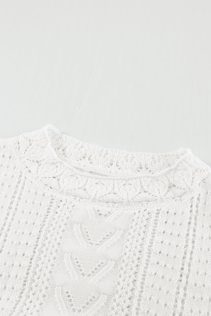 White Crochet Lace Pointelle Knit Sweater