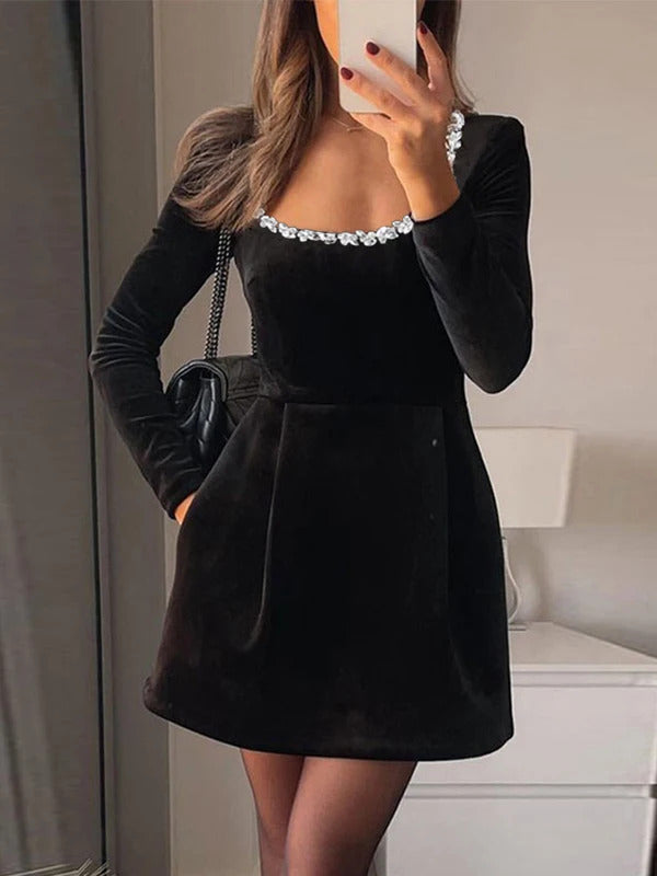 Elegant Velvet Solid Women Dress Square Collar Patchwork Female Mini Dresses 2024 Christmas Party Long Sleeve New Year Vestidos