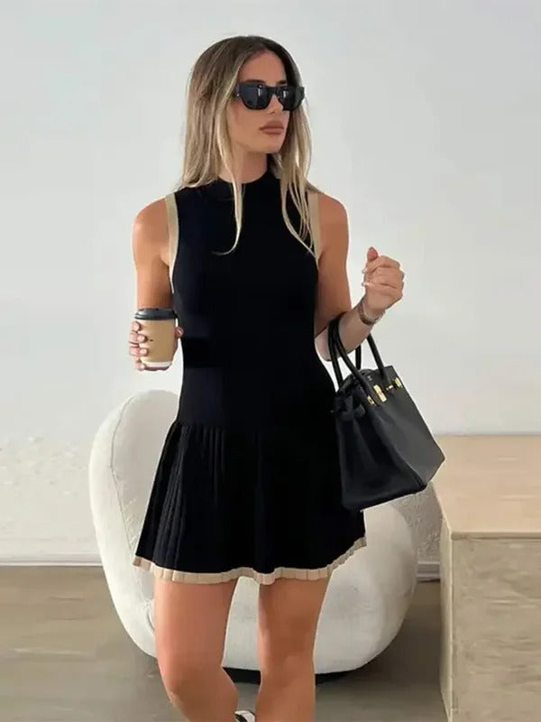 Women's Sexy Color Blocking Knitted O-neck Mini Dress Elegant Sleeveless High Waist Pleated Dresses Lady High Streetwear Robes