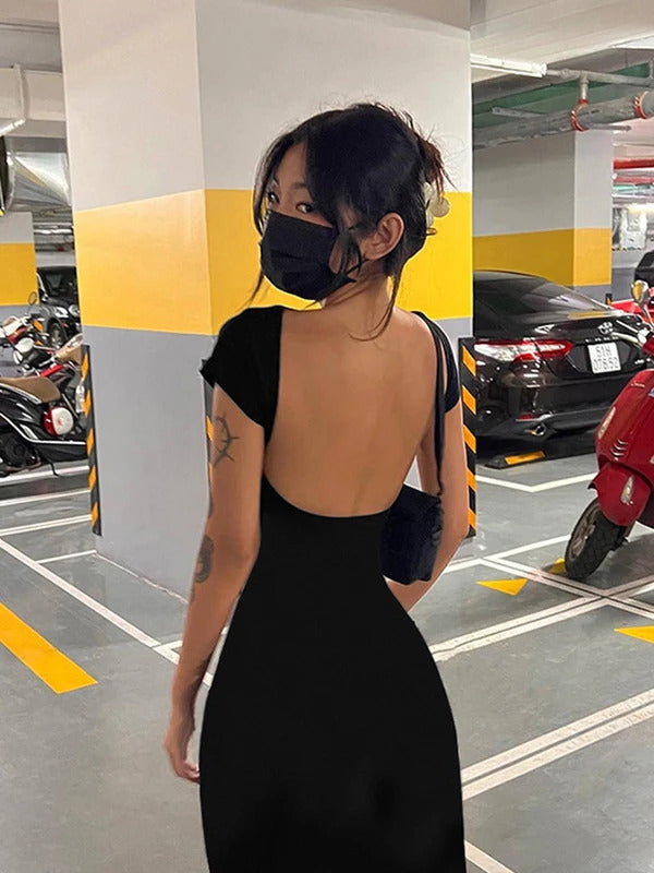 Women Black Solid Casual High Slit Long Sleeve Backless Maxi Dress Sexy Bodycon Half High Neck Streetwear Female Long Dresses