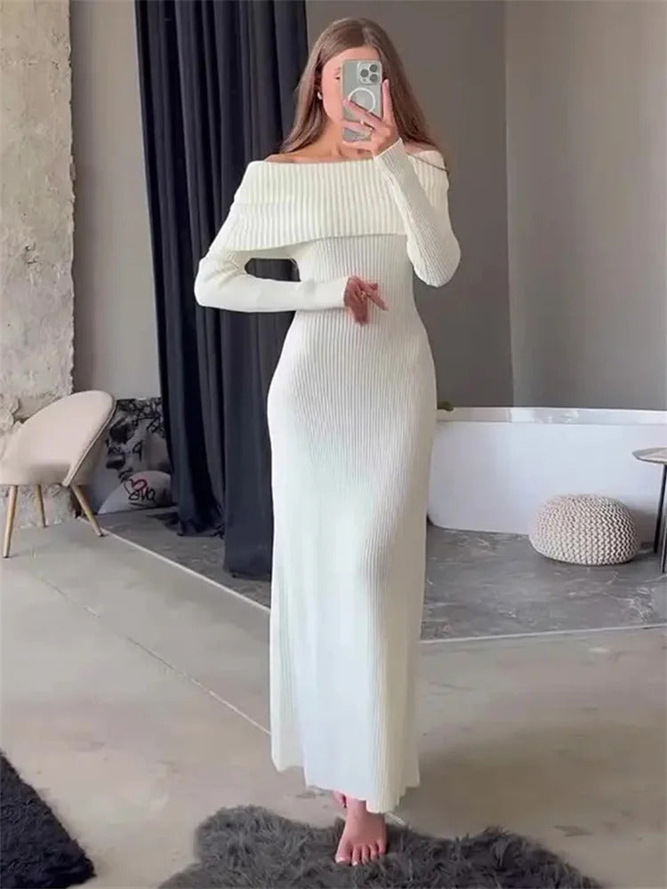 Tossy Fashion Knit Long Dress Off-Shoulder Female Ribbed Loose High Waist Elegant Autumn Party Dress Ladies Knitwear Maxi Dress