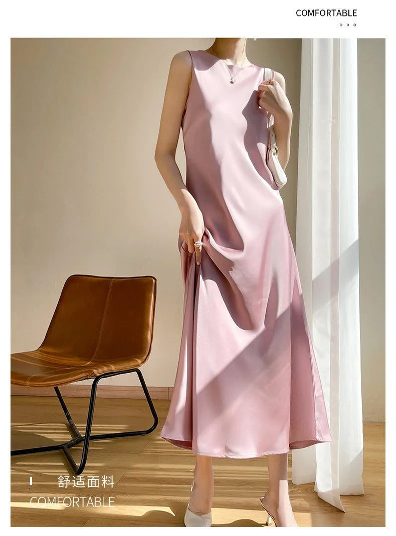 2024 Summer Robe long maxi Sundress Fashion Elegant Women's Acetate satin Dresses Sexy artificial silk Sleeveless Party Dress