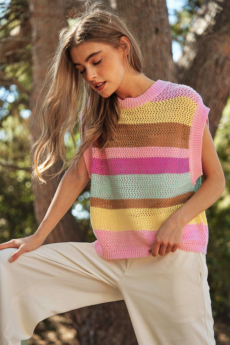 Pink Stripe Crochet Cap Sleeve Loose Fit Sweater T Shirt