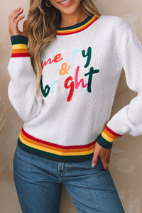 Black Glitter Merry & Bright Colorful Stripes Trim Sweater