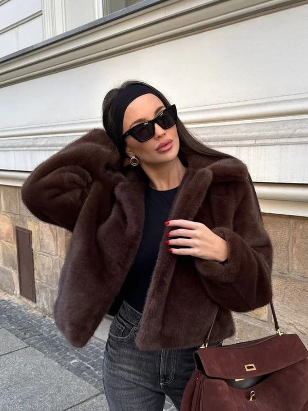 Vintage Brown Lapel Faux Fur Jacket For Women Fashion Solid Long Sleeve Cropped Lapel Coat Winter New Female High Street Outwear