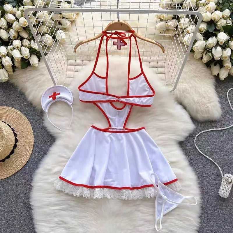 Dropped Waist Women's Sexy Sweet Nurse Cosplay Uniform Lingerie Set Revealing Neckline Lace Trimmed Nightgown Costume Dresses