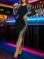 Elegant Diamonds Velvet Long Party Dress for Women Sexy Deep V Evening Gown Formal Black Slim Dress Robe