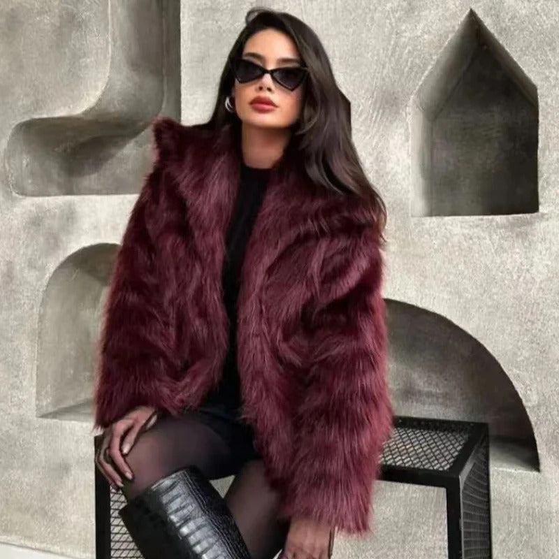 HXAO Women's Fur Coat Women 2024 Plush Burgundy Bomber Jacket Solid Crop Long Sleeve Jacket Warm Winter Coats Woman Casual Coats