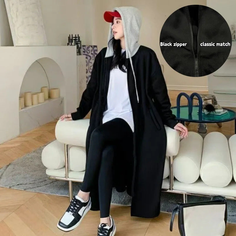 Plus Size Women's Hooded Zip-Up Winter Thick Casual Oversize Coat Black Patchwork Fake 2 Piece Hoodie Korean Matching Outerwear