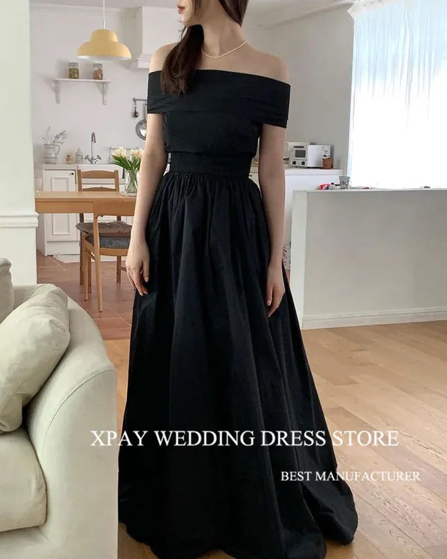 XPAY Black A Line Taffeta korea Evening Dresses Photo shoot Customised 4 Styles Short Sleeves Prom Gowns Wedding Party Lace Up