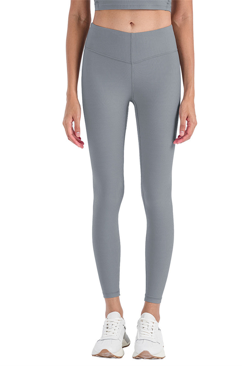 Medium Grey Wide Waistband Ribbed Skinny Yoga Pants