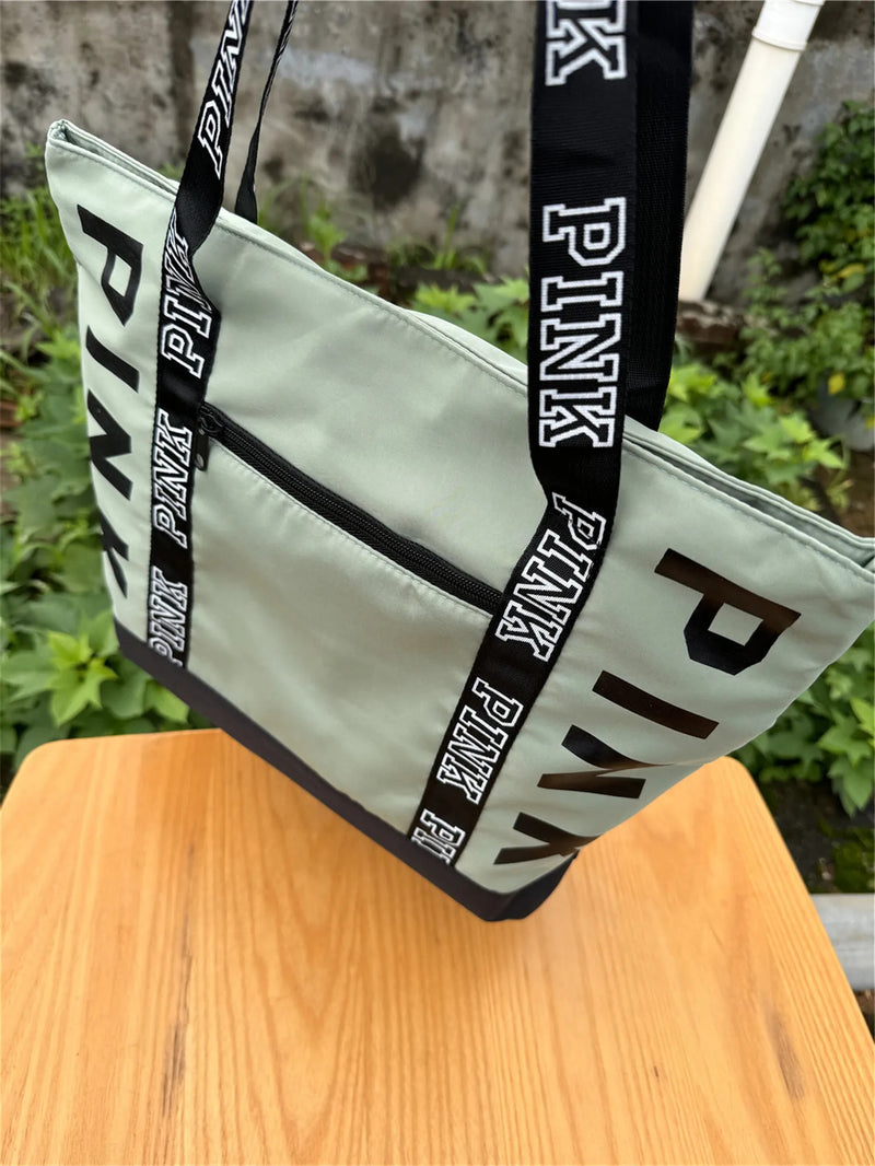 Sports Fitness Tote Bag Nylon Fabric Bags Women Handbag Pink Letter Graphic Tote Handbags Woman Shoulder Bags Casual