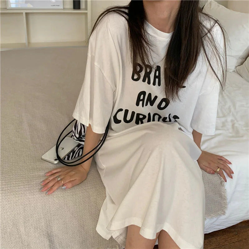 Harajuku Graphic White Long Dress Woman Clothing Y2k Casual Short Sleeve O-Neck Korean Fashion Summer Womens Loose Dresses 2024