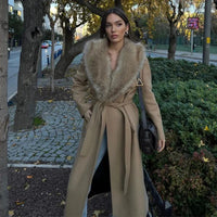 Elegant Woolen Lace Up Long Coat Women Mao Mao Big Lapel Long Sleeve Overcoat Female 2024 Winter Fashion Thicken Warm Coats Lady