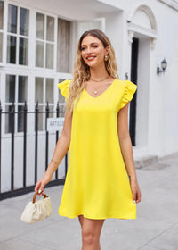 Summer Women's New Product V-neck Bubble Sleeves Loose Fashion Dress Female Yellow Solid A-Line Mini Dress Femme Robe Streetwear