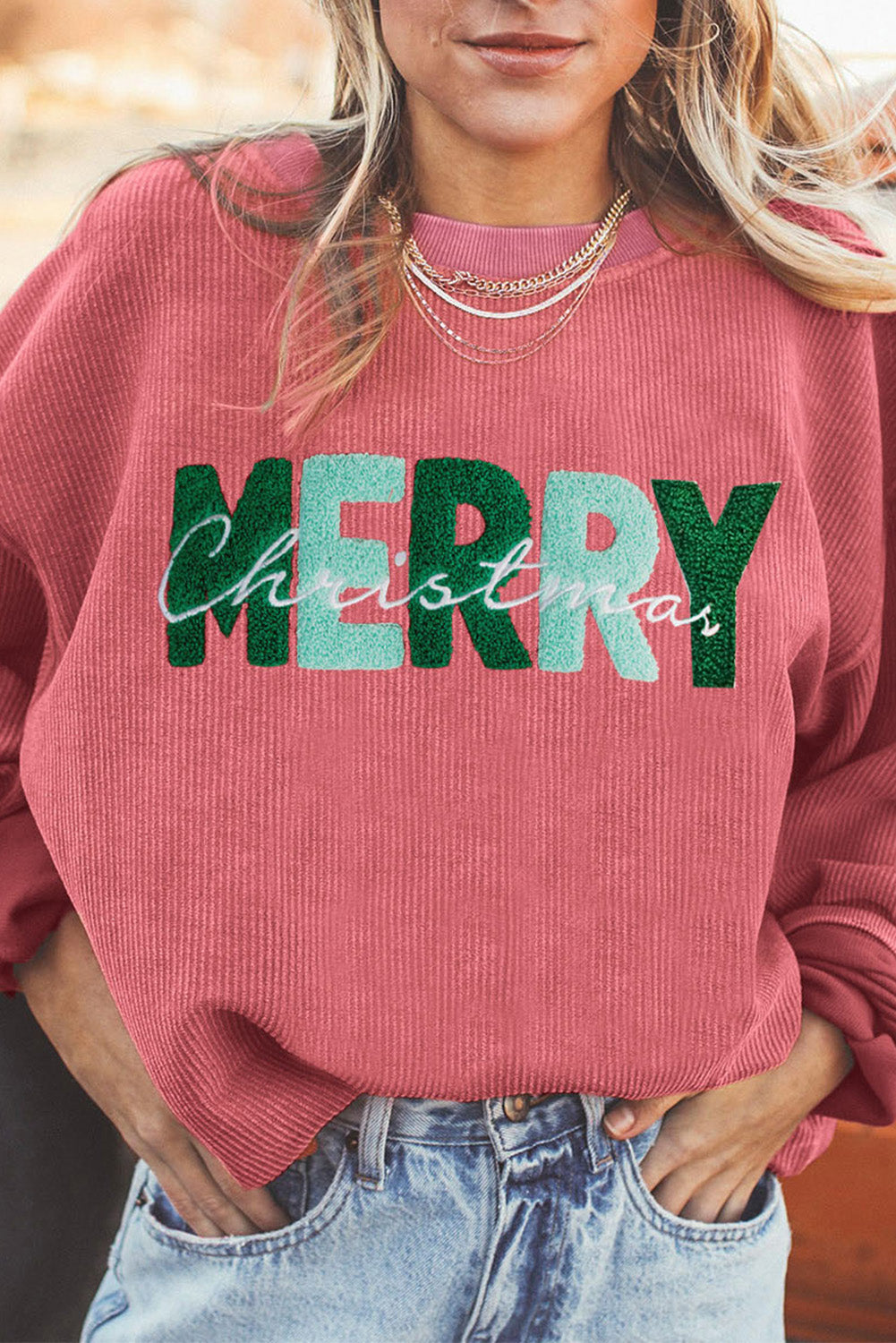 Strawberry Pink MERRY Christmas Corded Pullover Sweatshirt