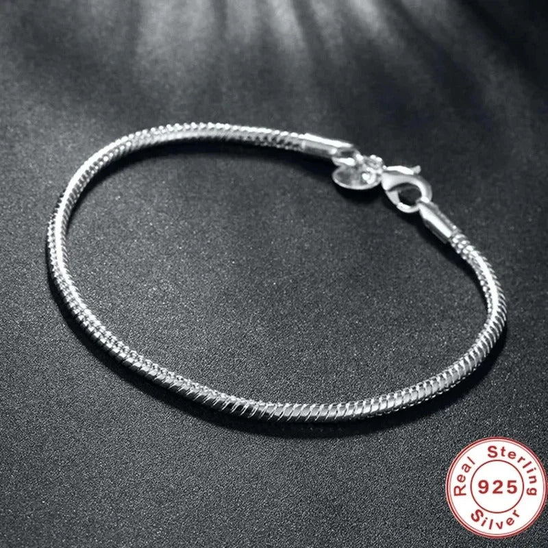 TOP SALE Authentic 100% 925 Sterling Silver 3MM Snake Chain Bangle & Bracelet for Women Men Luxury Jewelry 16-23CM