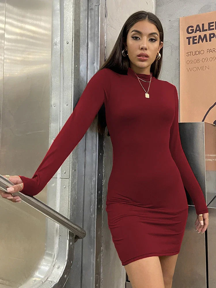 Long Sleeve Slim Bodycon Mini Dress Women Turtleneck Pleated Party Ruched Short Evening Club Outfit