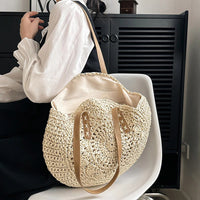 Summer Round Straw Women Vacation Woven Beach Shoulder Bag Large Capacity Hollow Out Simple Tote Bag