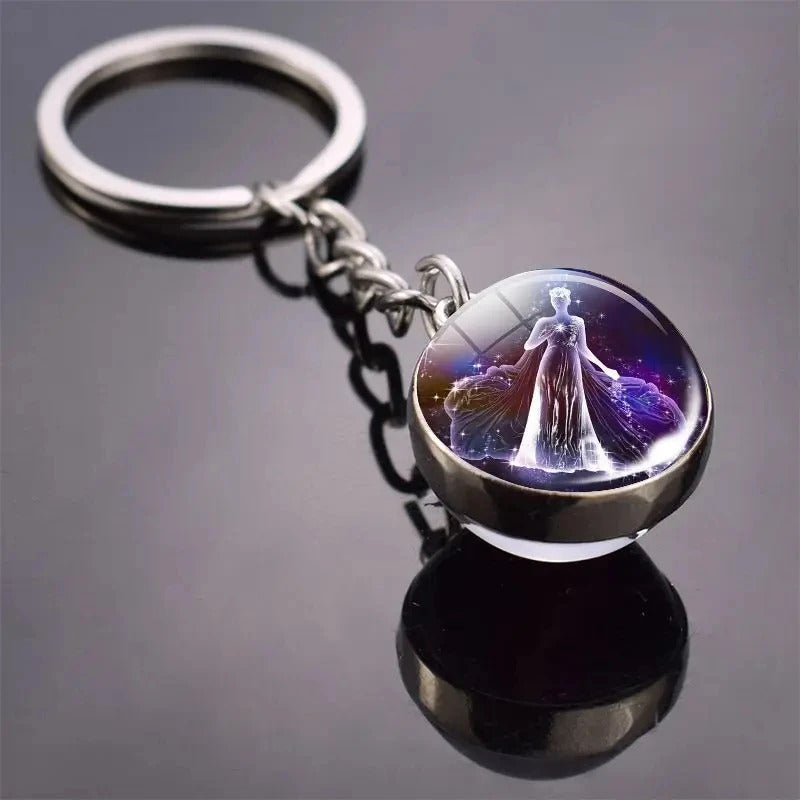 12 Constellation Key Chain Luminous Double Sided Glass Ball Pendant 12 Zodiac Key Chain Fashion Birthday Gift for Men and Women