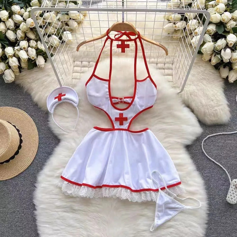 Dropped Waist Women's Sexy Sweet Nurse Cosplay Uniform Lingerie Set Revealing Neckline Lace Trimmed Nightgown Costume Dresses