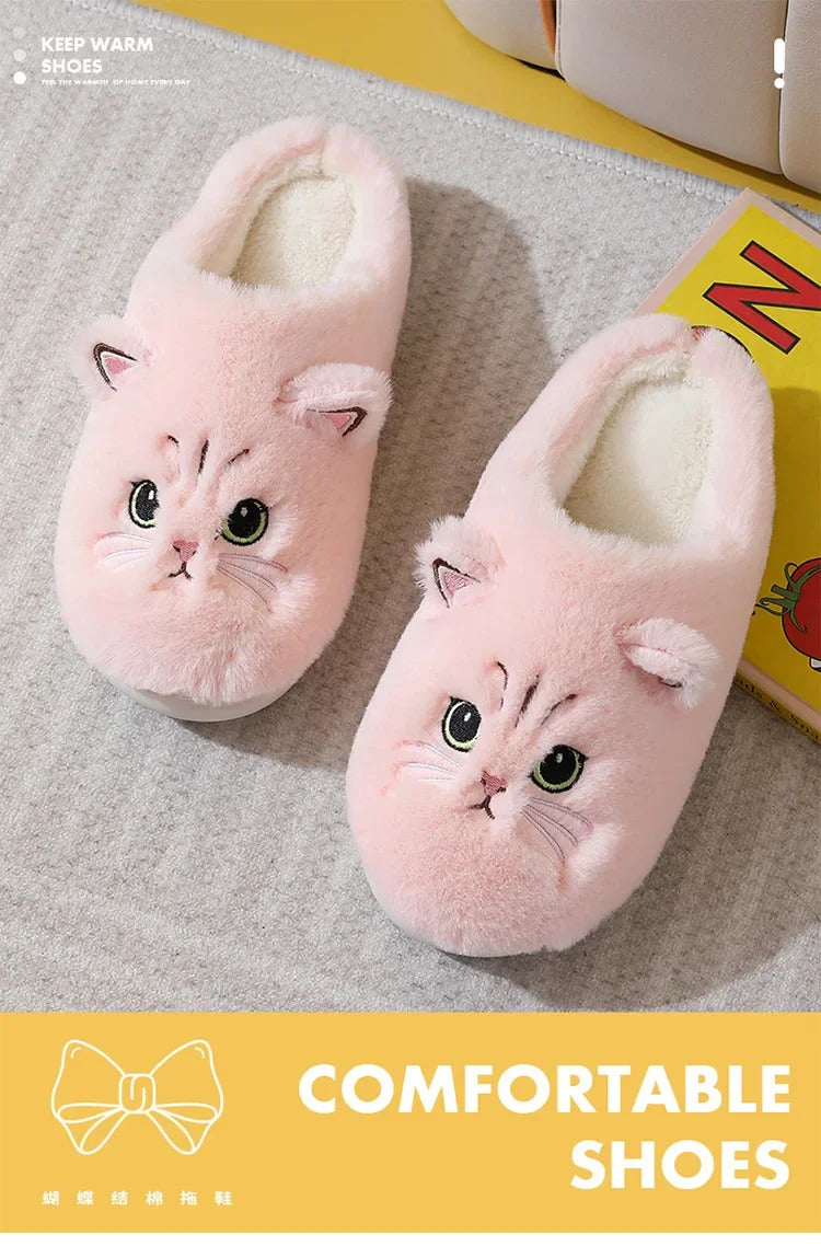 Cute Cat Slippers Fluffy Furry Women Home Platform Slippers Men Winter Plush Slides Indoor Fuzzy Slippers Lovely Cotton Shoes