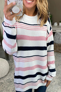 Pink Striped Crewneck Long Sleeve Sweater