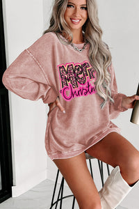 Pink Merry Christmas Letter Graphic Corded Sweatshirt