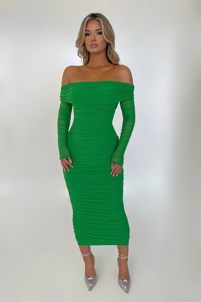 Mozision Off-shoulder Long Sleeve Sexy Maxi Dress For Women Autumn New Strapless Backless Bodycon Ruched Party Long Dress