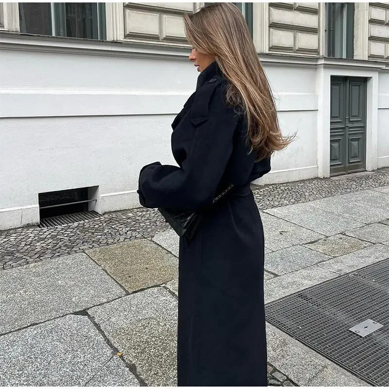 Elegant With Belt Black Long Coat For Women Oversize Woolen Double Button Lapel Overcoat Autumn New Lady High Street Outerwear