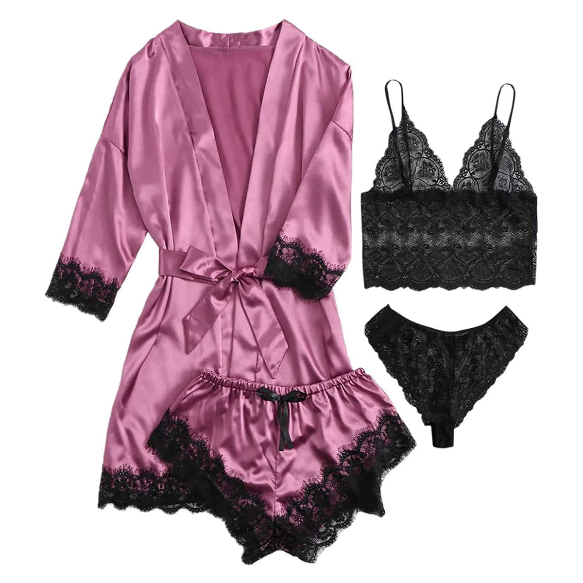 Women Fashion Pajama Print Sexy Lace Trim Faux Silk Satin Pajama Set Gown Skin Friendly Comfort Loungewear Sexy Pajamas