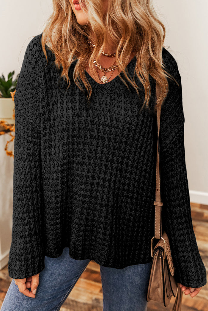 Black Hollow-out Crochet V Neck Sweater