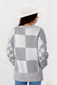 Medium Grey Checkered Print Drop Shoulder Sweater