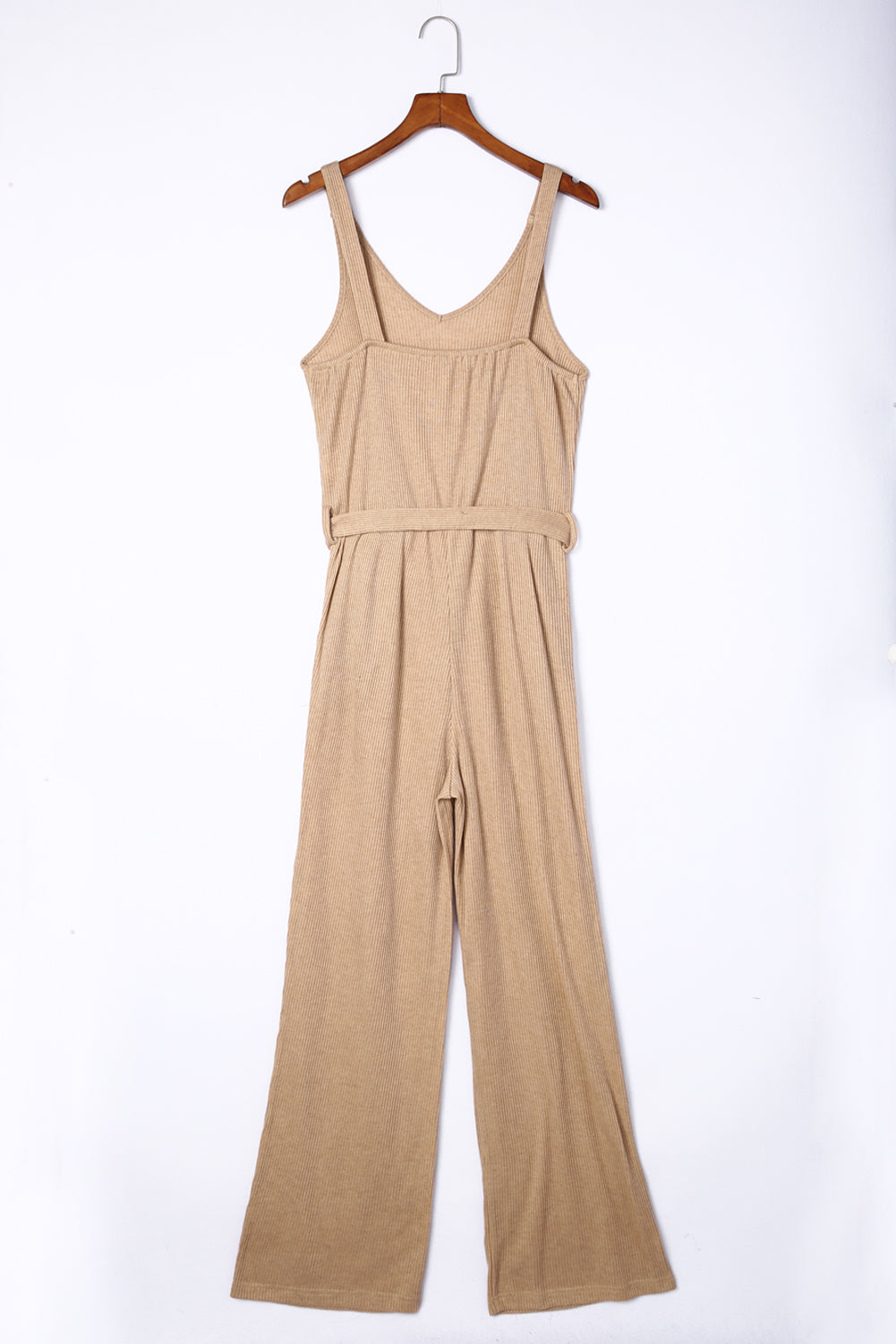 Apricot Casual Sleeveless Buckle Sash Knit Jumpsuit