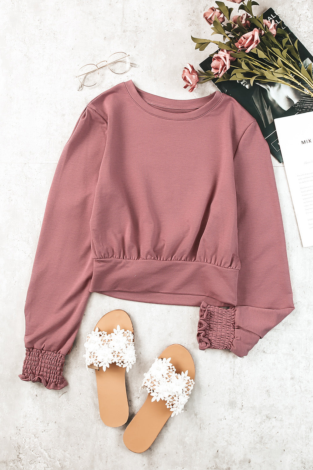 Pink Banded Hem Smocking Cuffs Long Sleeve Crop Top